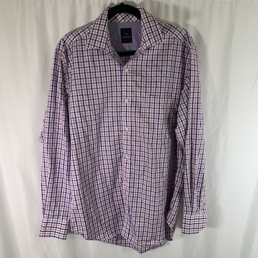 Tailorbyrd Collection Shirt Men's Large White Purple Plaid Button Up Long Sleeve